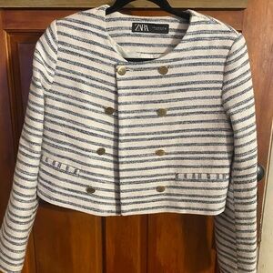 - Navy and White Textured Zara Jacket - Size Medium -